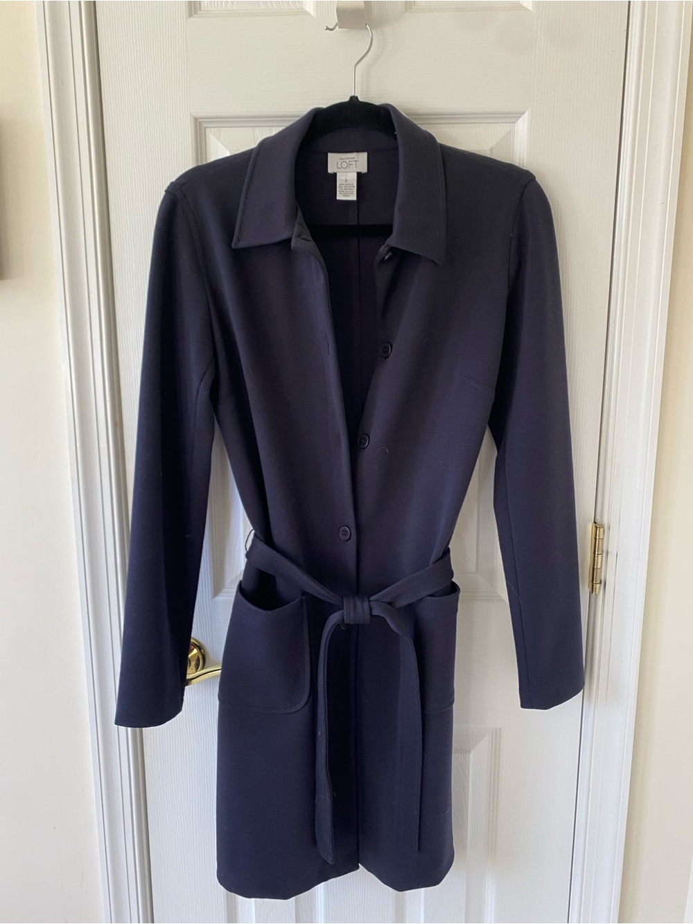 Ann Taylor LOFT Navy Belted Collared Shirt Dress